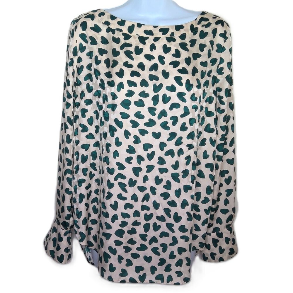 Ann Taylor Blousy Top Cream & Green Hearts Pullover Goldtone Button Cuff EUC M